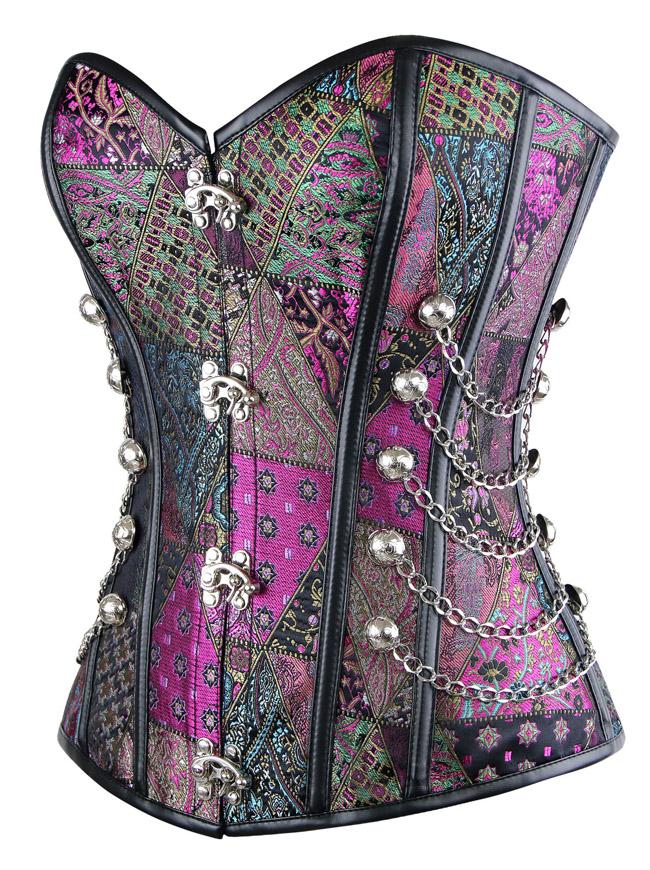 Plus Size Steampunk Steel Boned Brocade Overbust Corset with Chains