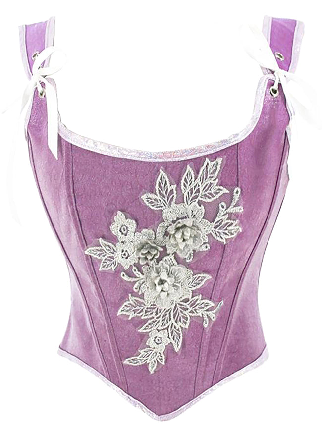 Women's Vintage Floral Slimmer Lace Up Overbust Crop Corset Top Purple Bodyshaper