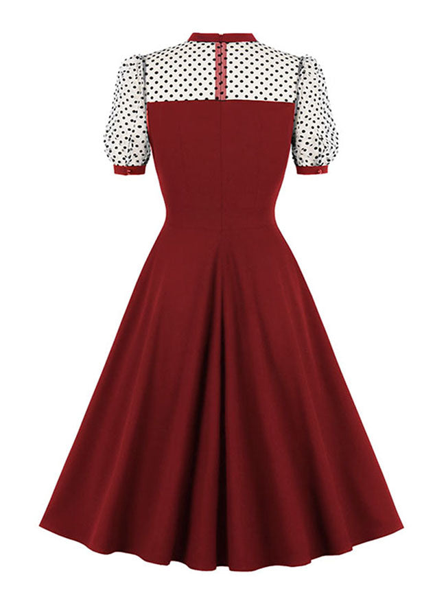 Vintage Sheer Mesh Polka Dots Patchwork Heart-shaped Bodice Summer A-line Dress