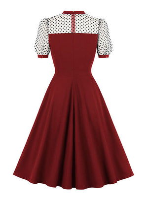 Vintage Sheer Mesh Polka Dots Patchwork Heart-shaped Bodice Summer A-line Dress