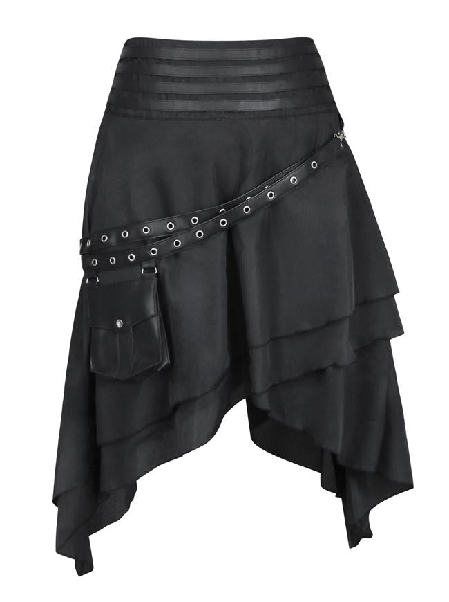 Steampunk Multi-layered Asymmetrical Hemline High Waist Black Skirt with PU Pocket Belt