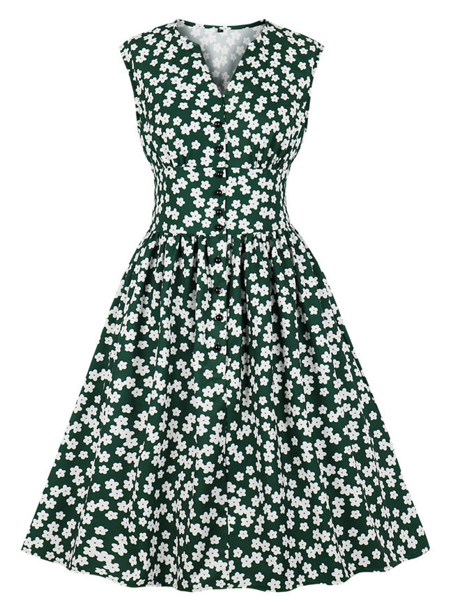 1950s Vintage Dress Women's Floral Print V Neck Sleeveless Swing Tea Dress