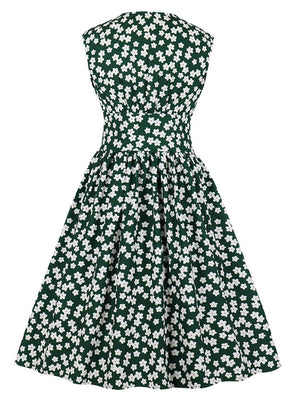 1950s Vintage Dress Women's Floral Print V Neck Sleeveless Swing Tea Dress