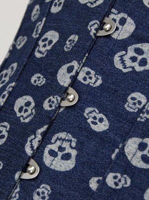 Denim Skull Printed Halterneck Overbust Corset with Leather Waist Belt