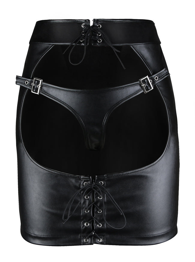 Women's Fashion Sexy Faux Leather Plus Size Open Hip Mini Skirt with Lace-up Leather
