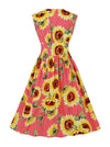 Vintage Rockabilly V Neck Sunflower Print Buttons Sleeveless Cocktail Swing Dress