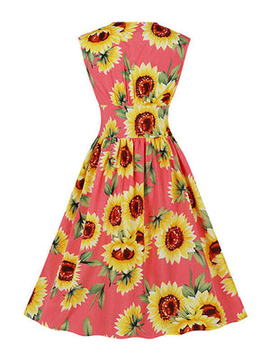 Vintage Rockabilly V Neck Sunflower Print Buttons Sleeveless Cocktail Swing Dress