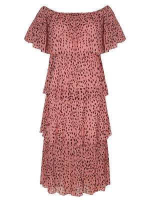 Women's Chiffon Off-Shoulder Ruffles Short Sleeve Polka-dots Layered Dress