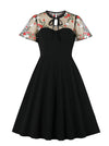 Retro Floral Embroidered Flare Mesh Short Sleeve Patchwork High Waist Dress
