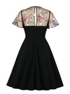 Retro Floral Embroidered Flare Mesh Short Sleeve Patchwork High Waist Dress