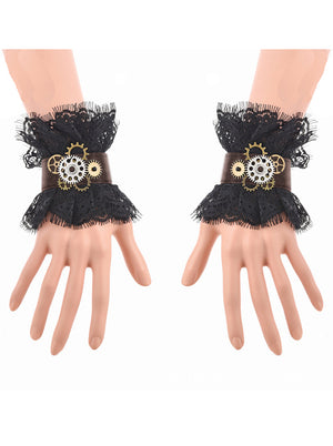 Victorian Gothic Black Floral Lace Wristband Bronze Gear Bracelet with Ring