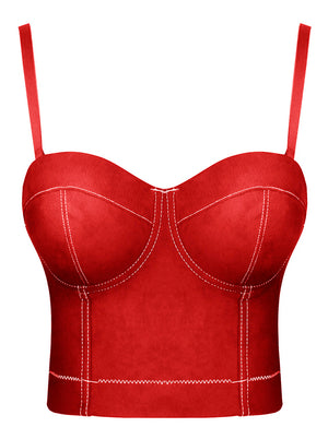 Womens Sexy Spaghetti Straps Crop Top Suede Sheer Push Up Bra Corset Bustier Top