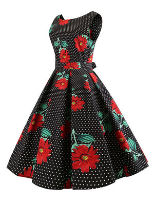 Sleeveless Polka Dot Swing Summer Day Dress with Floral Printed