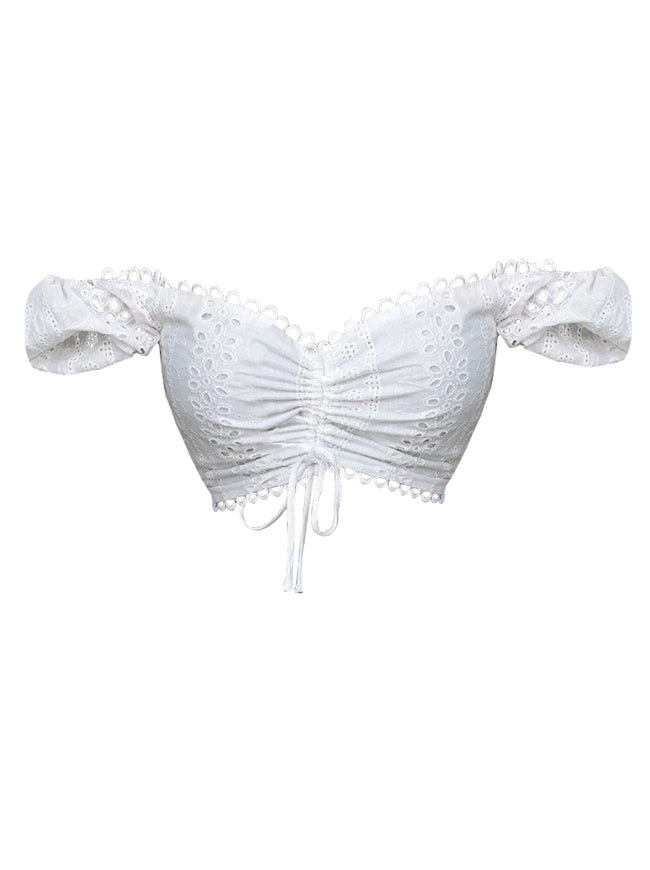 Hot Sexy White Embroidery Hollow Off Shoulder Bowknot Lace-up Crop Top