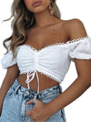 Hot Sexy White Embroidery Hollow Off Shoulder Bowknot Lace-up Crop Top