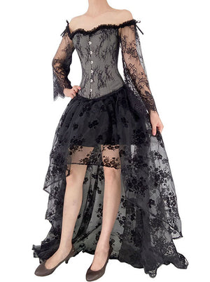 2 Pcs Victorian Sleeves Burlesque Corset with Organza High Low Skirt Set