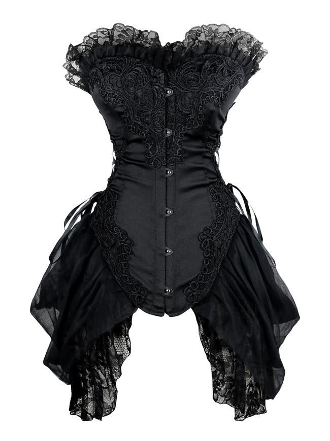 Gothic Floral Embroidery Mesh Princess Bustier Corset with Lace Skirt Black