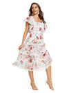 Chiffon Floral Print Square Neckline Cut-out High Waist Layered Dress
