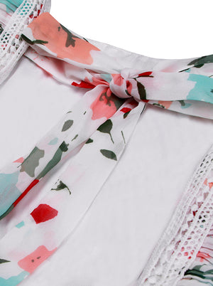 Chiffon Floral Print Square Neckline Cut-out High Waist Layered Dress