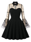 Gothic Embroidered Lapel Flare Mesh Sleeve Plus Size Dress A-line Vampire Dress
