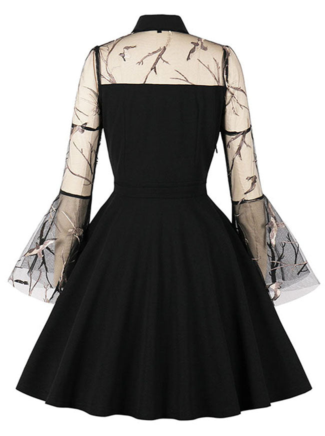 Gothic Embroidered Lapel Flare Mesh Sleeve Plus Size Dress A-line Vampire Dress