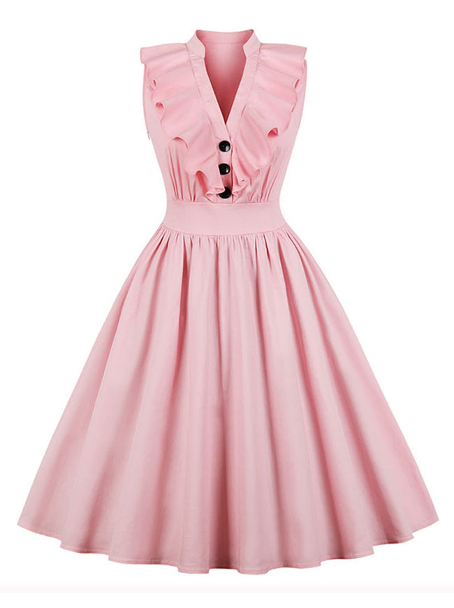 Casual Pink Sleeveless V Neck Ruffle Midi Summer Day Dress