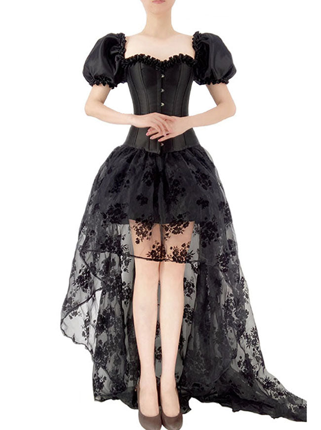 Gothic Short Puff Sleeves Bustier Corset Top with High Low Organza Skirt
