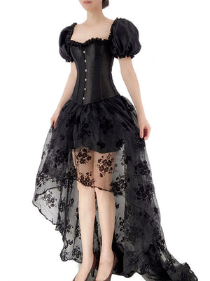 Gothic Short Puff Sleeves Bustier Corset Top with High Low Organza Skirt