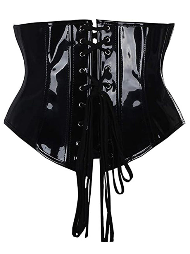 Fashion Glossy Corset PU Plastic Boned Zipper Underbust Corset Waist Cincher Black
