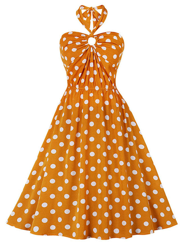 Vintage Sweetheart Neckline Halter Backless Polka Dots Midi Cocktail Swing Dress