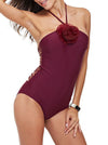 Rose-red Halter Neck Lace Up Backless One Piece Beachwear