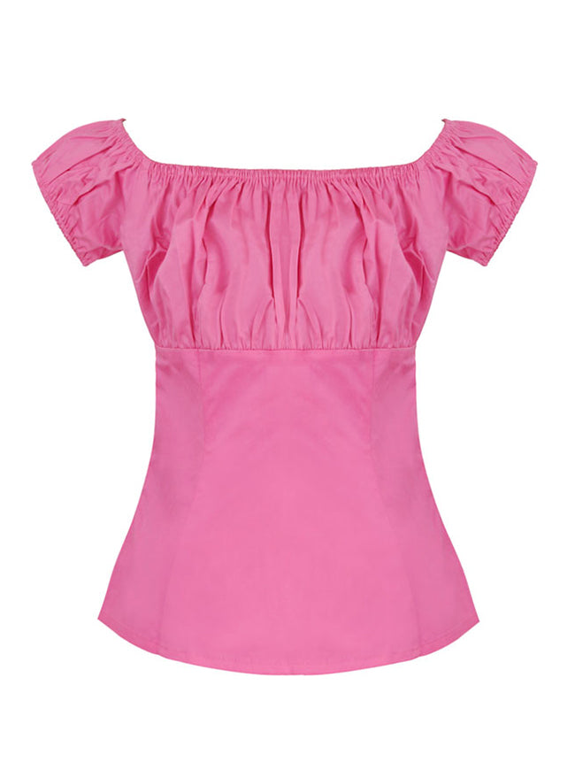 Women's Short Sleeve Ruffle Off Shoulder T-shirt Pink Peasant Top/Pink