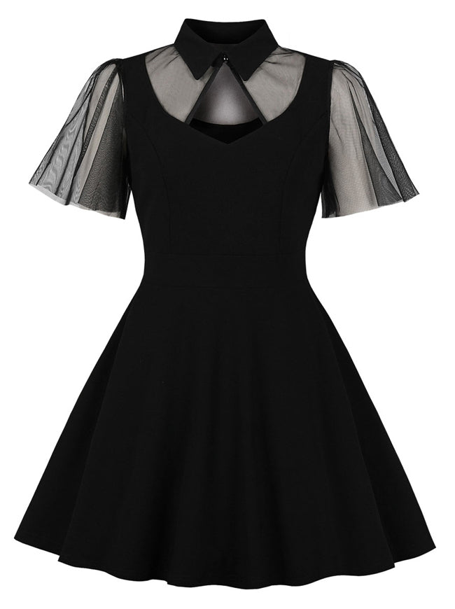 Gothic Cut-out Ruffle Sleeve Sheer Mesh Splicing Black Swing Dress
