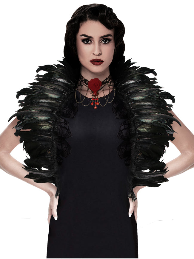 Gothic Natural Feather Shawl Cape Crow Costume Shrug Accessory with Rose Necklace