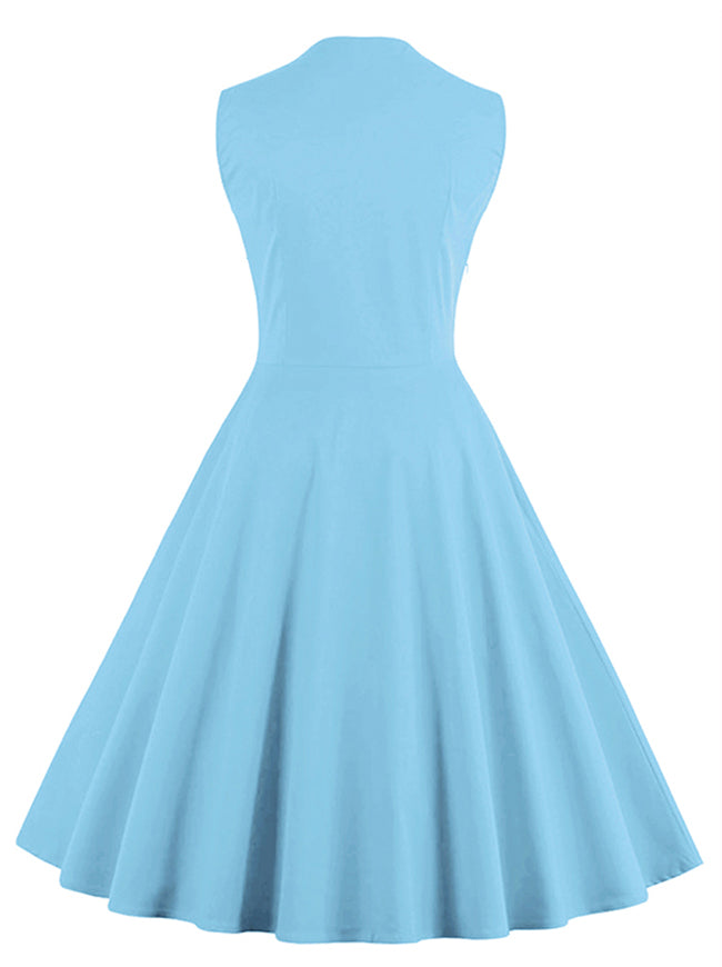 Vintage Floral Print Sleeveless Casual Light-Blue Cocktail Dress