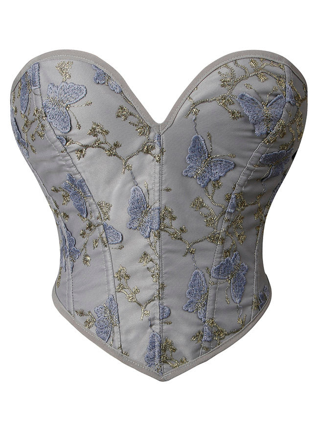 Women's Vintage Embroidered Floral Printed Sweetheart Sleeveless Overbust Corset Crop Top