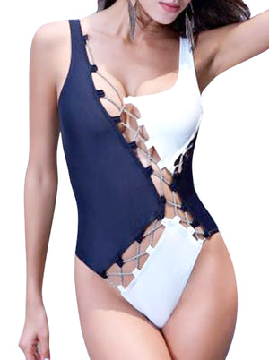 Unique Black and White Stitching Lace-up Swimsuit