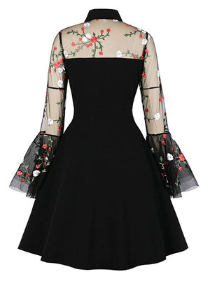 Retro Lapel Floral Embroidered Flare Mesh Sleeve Stitching A-line Dress