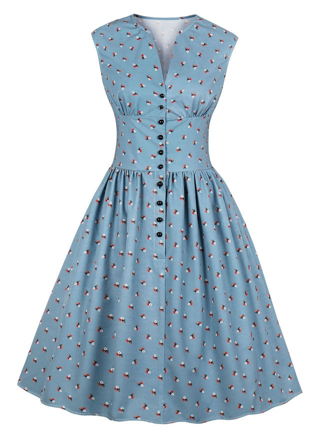 Women's 1950s Vintage Floral V Neck Sleeveless Swing Dress