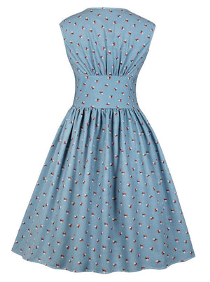 Women's 1950s Vintage Floral V Neck Sleeveless Swing Dress