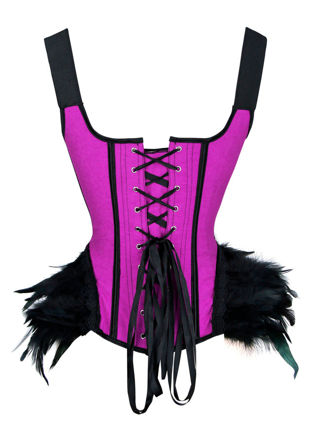 Women's Gothic Lace Up Boned Overbust Bustier Corset Top with Feather