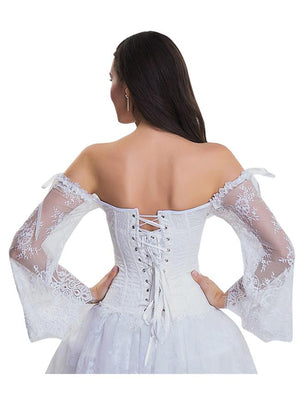 Gothic Vintage White Overbust Corset with Long Lace Floral Sleeves