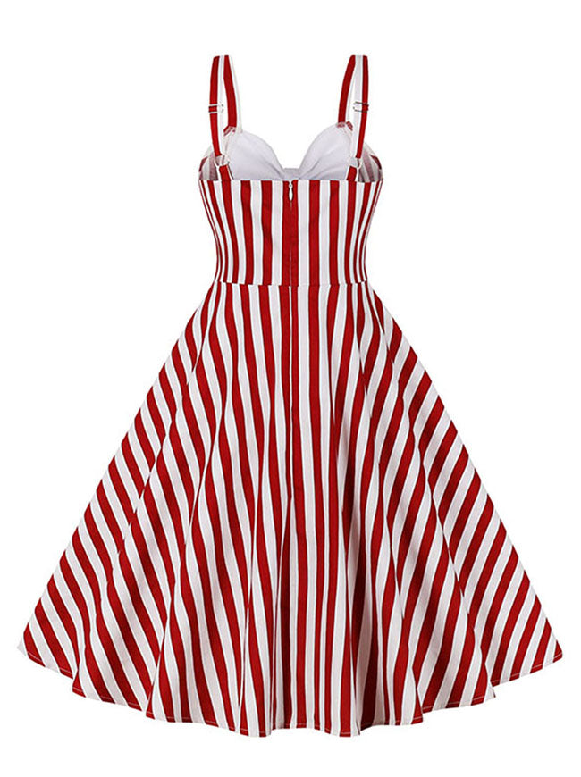 Women 1950s Vintage Sweetheart Striped Rockabilly Swing Dress with Straps