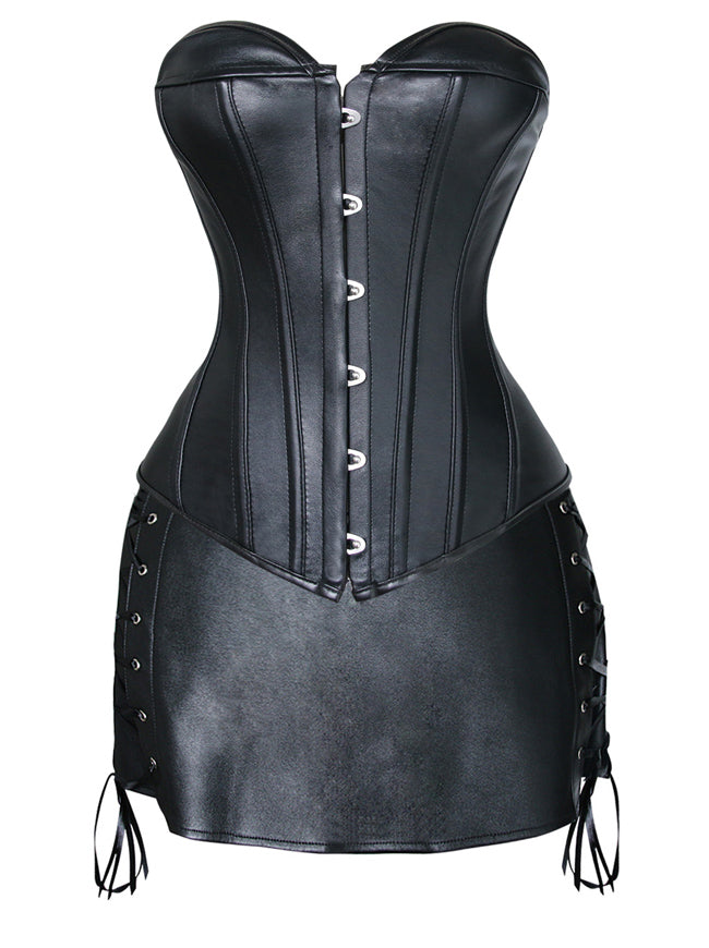 Women's Sexy Faux Leather Boned Overbust Corset and Skirt Set