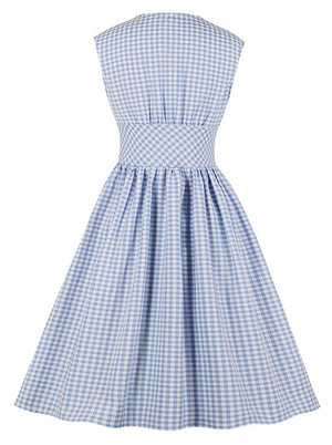 Blue Vintage Plus Size Button High Waist Plaid Swing Dress