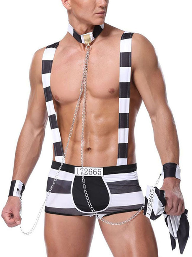 3pcs Men Prisoner Cosplay Thong with Chain Handcuffs Slave Clubwear Lingerie