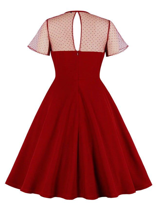 50s Cut Out Patchwork Short Sleeve A-Line Pleated Bridesmaid Dress
