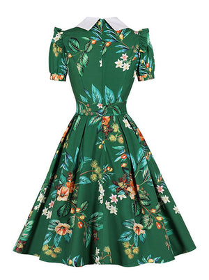 Vintage Lapel Floral Print Short Sleeves High Waist Cocktail Swing Midi Dress