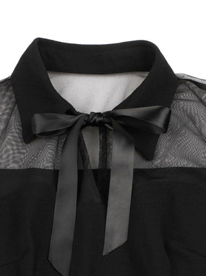 See-through Mesh Splicing Turndown Collar Flare Sleeve Black Swing Dress