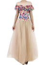 Retro Floral Print Off Shoulder Overbust Corset Layered Maxi Tulle Skirt